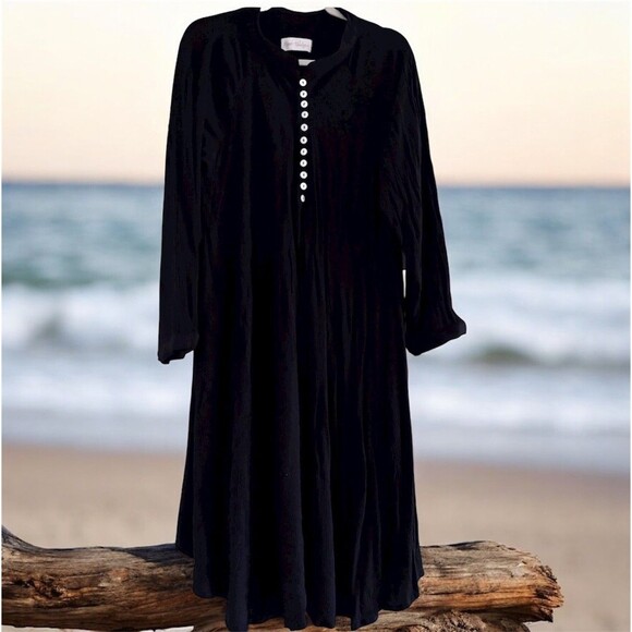 Myra Penaloza Midi Dress Black Bamboo Gauze Coastal Boho Flowy Relaxed Pocket OS